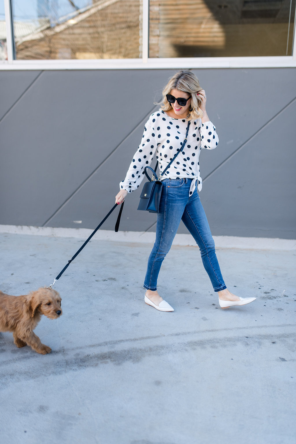 trendy tie front polka dot blouse and white flats