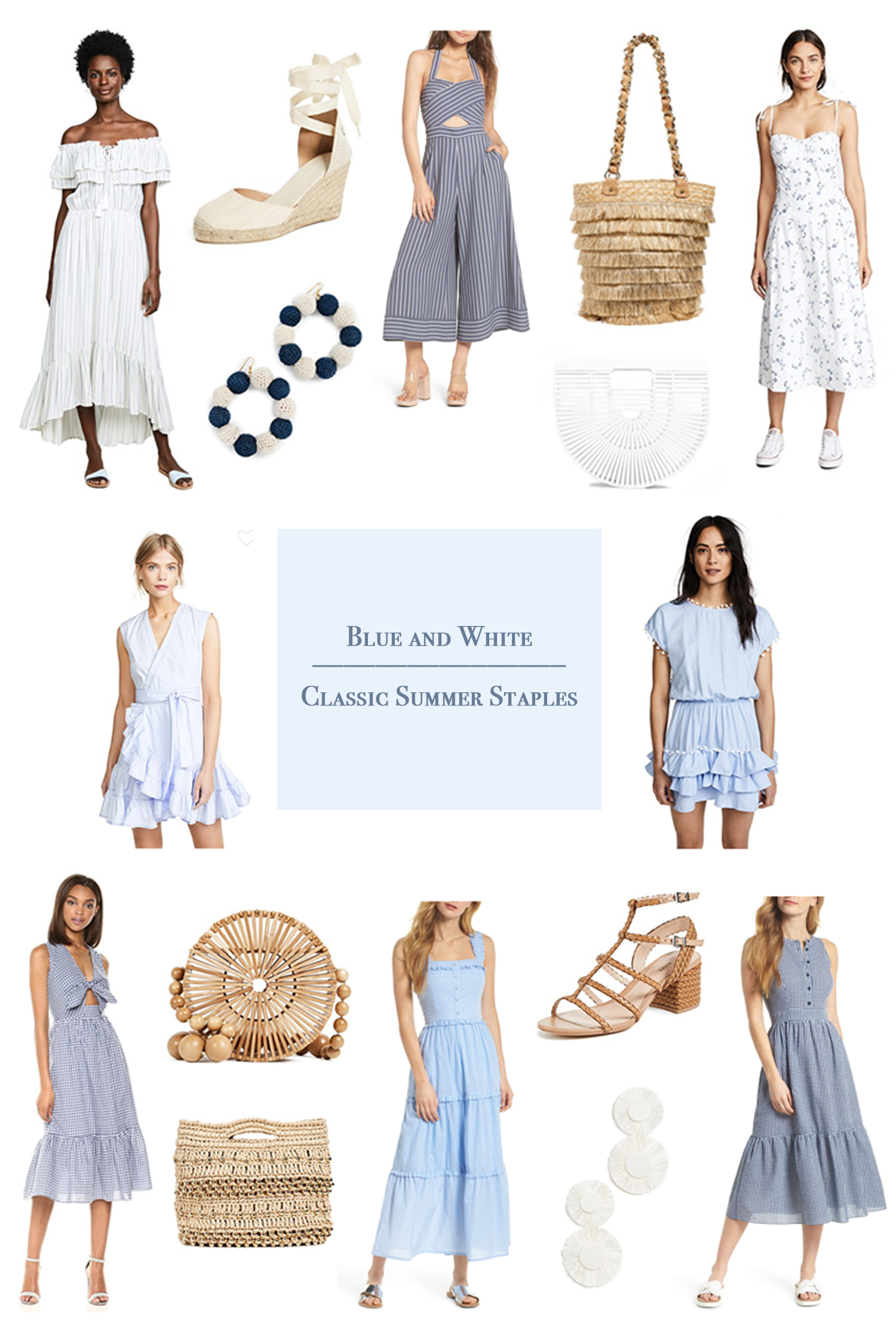 blue and white dresses, bags and shoes for summertime