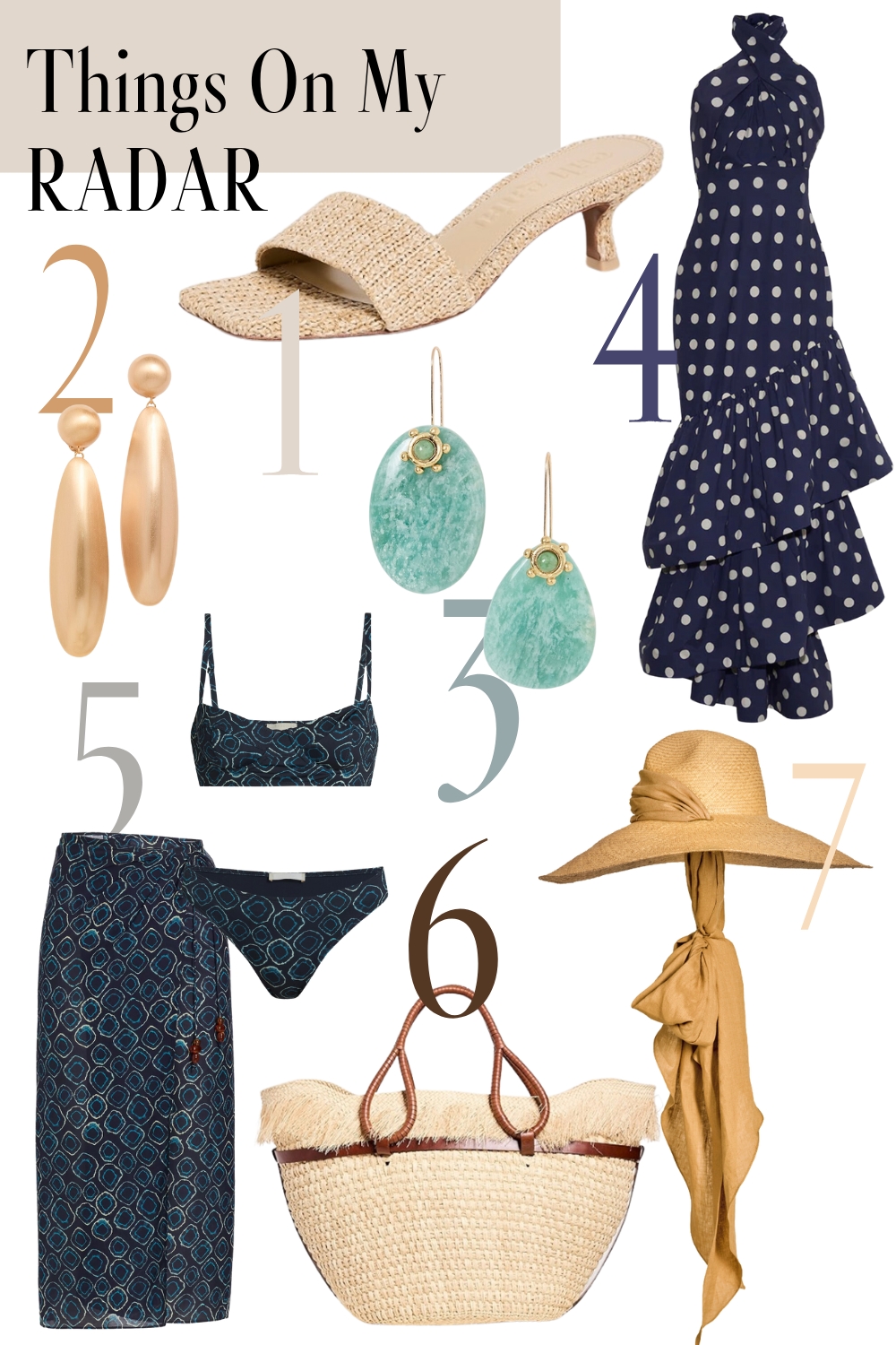 My fashion wishlist with swimwear, a mule kitten heel sandal, earrings, a polka dot dress, and a hat